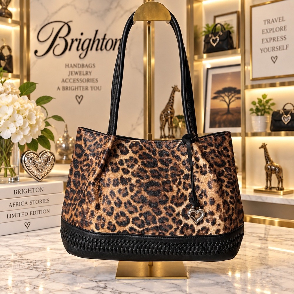 Brighton Africa Stories Leopard Print Leather Tote Bag Heart Charm